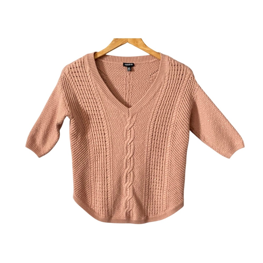 Torrid Dusty Rose Pink Metallic Cable Knit V-Neck Sweater 3/4‎ Sleeve Size Large
